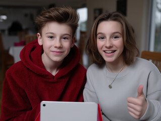 Friends smiling and using a tablet together inside a home