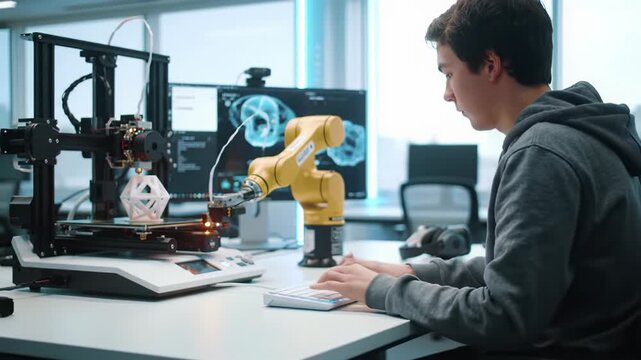 Focused young caucasian teenager in grey hoodie types on white keyboard. 3D printer extrudes object, robotic arm hovers in STEM lab, concept of future technology innovation