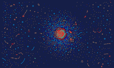 Abstract scientific vector background depicting a dense biological cluster or big data network. Scatter plot with red and blue particles for healthcare, virus analysis, and digital technology © Imaster