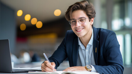 Happy faceless business man writing on notebook working project smiling university student  studying exam preparation taking notes education concept