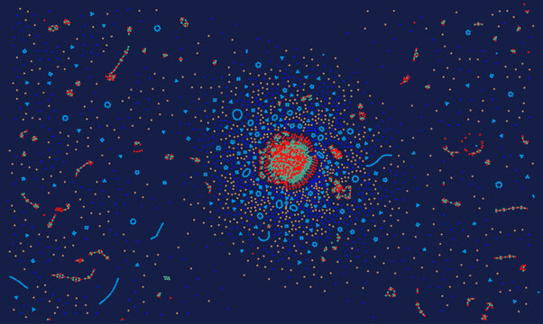 Abstract scientific vector background depicting a dense biological cluster or big data network. Scatter plot with red and blue particles for healthcare, virus analysis, and digital technology