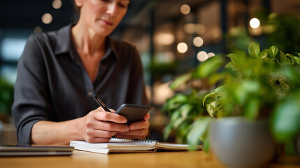 Day planning concept cropped faceless woman organizing day looking smartphone taking notes  notepad cafe interior professional scheduling time management