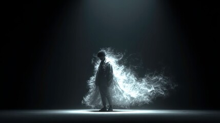 Human Figure Shedding Heavy Coat Revealing Luminous Energy Form