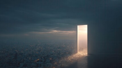 Glowing Minimal Doorway Opening Over Vast Futuristic City at Dusk