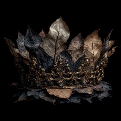 Dark Ornate Crown Made of Dried Leaves Resting on Black Background