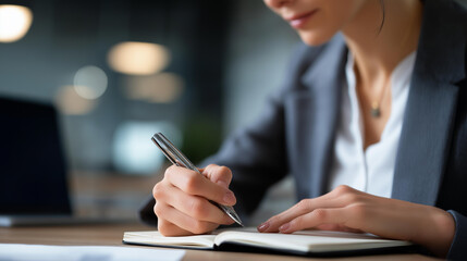 High angle view unrecognizable faceless businesswoman taking necessary notes in notepad preparing important meeting  modern office workspace professional planning