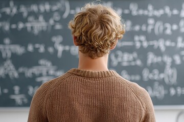 Male student focuses intently on math equations during lecture in classroom