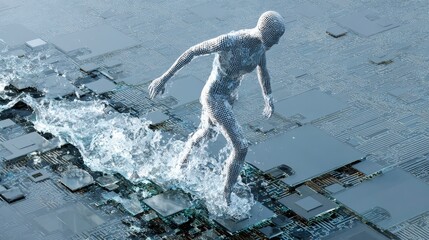 Water Human Figure Walking Across Digital Circuit Board Surface