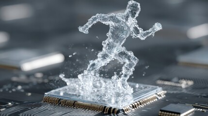 Water Human Figure Standing on Microchip Representing Artificial Intelligence