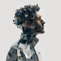 Human Profile Formed From Fragmented Glass and Geometric Reflections