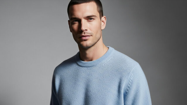 Man wearing an ice-blue cashmere sweater, looking at the camera. Fashion photography.