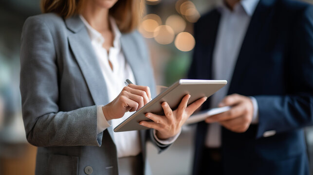 Faceless businesswoman showing tablet to businessman taking notes modern office  professional collaboration workplace technology corporate planning digital