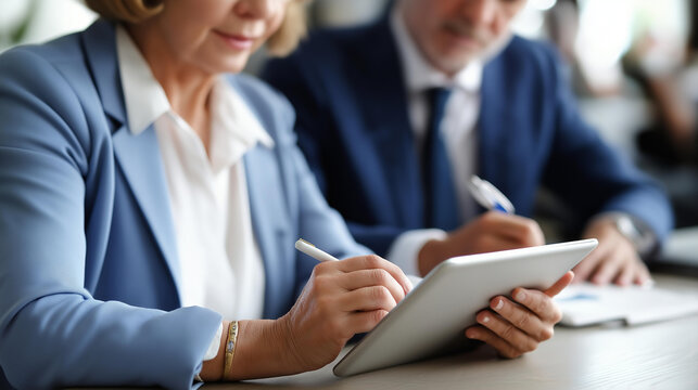 Faceless businesswoman showing tablet to businessman taking notes modern office  professional collaboration workplace technology corporate planning digital - Powered by Adobe