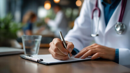 Fototapeta premium Focused faceless physician taking notes during patient consultation recording medical information pen in hand wearing lab coat stethoscope modern office