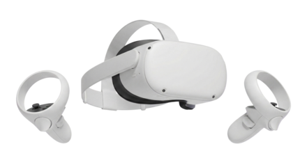 Modern virtual reality headset with controllers, transparent background