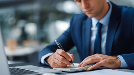 Faceless man hands taking notes in notebook next to laptop closeup business documentation  professional productivity workplace planning digital workspace
