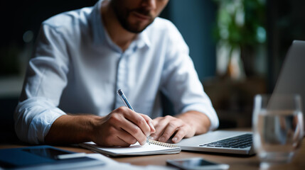 Faceless male remote worker taking notes using laptop home office productivity  professional documentation digital workspace business planning