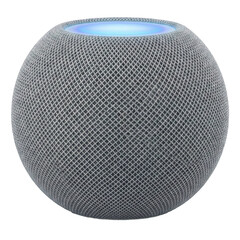 Gray spherical smart speaker with glowing blue light, transparent background
