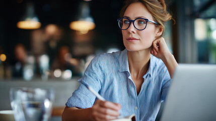 Faceless businesswoman wearing eyeglasses taking notes in notebook working laptop cafe  remote work productivity professional documentation coffee shop office