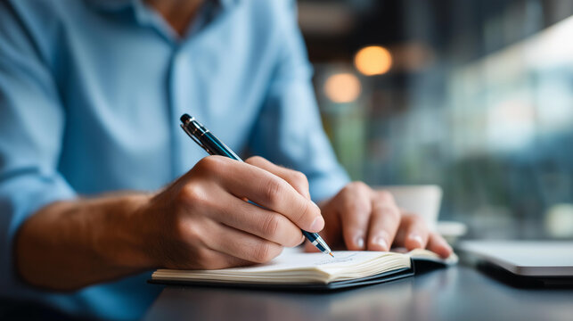 Faceless male hand taking notes on notepad businessman working work table checklist writing  planning investigate enthusiastic focus hand holding pen signature - Powered by Adobe
