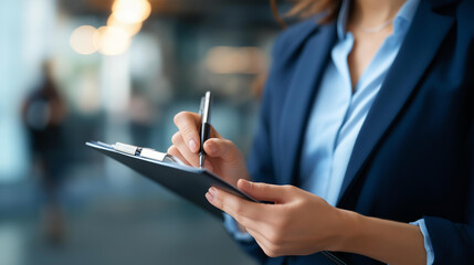 Faceless businesswoman takes notes during meeting in office professional documentation  corporate collaboration workplace productivity business planning