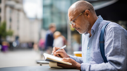 Faceless man writing in notebook focused on notes wearing glasses  notebook pen on table writing note taking progress outdoor documentation defocused background