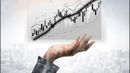 Artistic representation of a hand reaching towards a rising financial graph, symbolizing growth and opportunity in business and investment scenarios in an urban backdrop. Copula