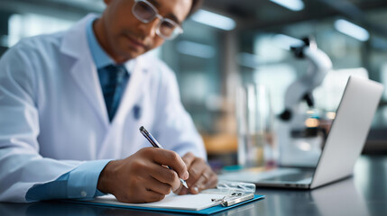 Faceless male scientist taking notes while analyzing medical data laptop laboratory  research documentation scientific study professional analysis