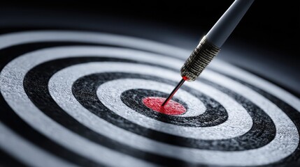 Close up of a dart hitting the red bullseye on a black and white target board