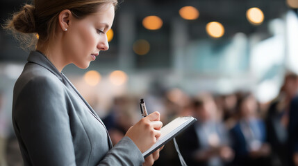 Mature faceless businesswoman takes notes while participating education event convention center professional development corporate training business seminar