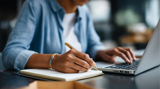 Faceless young business woman sitting at desk scrolling laptop taking notes notebook  closeup hand writing pen professional productivity workplace documentation