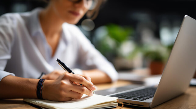 Faceless young business woman sitting at desk scrolling laptop taking notes notebook  closeup hand writing pen professional productivity workplace documentation