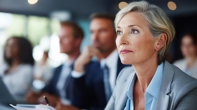 Mature faceless businesswoman takes notes while participating education event convention center  professional development corporate training business seminar - Powered by Adobe