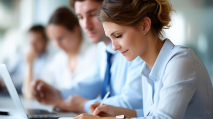 Business meeting diverse faceless professionals two women discussing work taking notes  professional attire team collaborative environment corporate meeting