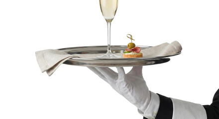 A gloved hand serving champagne and an appetizer on a silver tray, transparent background