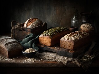 assorted freshly baked whole grain bread loaves topped with pumpkin seeds and oats on a wooden table  cozy bakery display