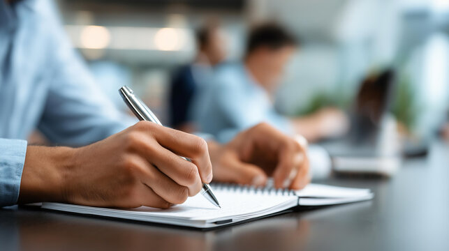 Faceless business team taking notes during meeting conference room focus handwriting pen  closeup professional documentation corporate collaboration workplace - Powered by Adobe