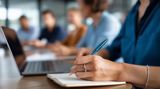 Faceless business team taking notes during meeting conference room focus handwriting pen  closeup professional documentation corporate collaboration workplace
