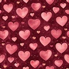 A seamless watercolor pattern featuring soft pink hearts scattered across a deep burgundy textured background with subtle sparkles
