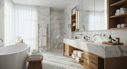 Luxury modern hotel bathroom with marble, warm wood, and soft spa lighting
