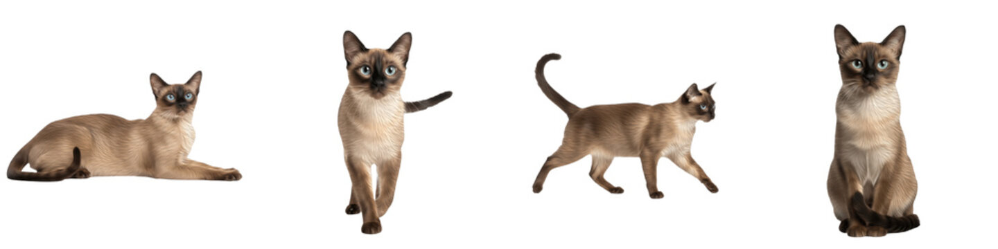 Set of Siamese Cat Elegant Blue-Eyed Colorpoint Breed Portraits, Slender Short-Haired Domestic Feline Collection with Classic Markings isolated on transparent PNG background