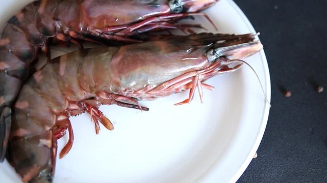 Tiger prawns raw king gambas shrimp seafood natural food ingredient appetizer fresh tasty gourmet on the table rustic food top view copy space food background pescetarian diet