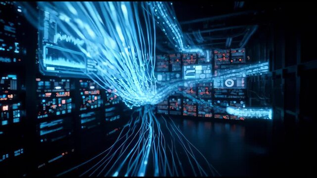 Futuristic data server room with glowing blue fiber optic cables and digital screens displaying complex analytics and network traffic visualizing abstract technology and information flow in a dark