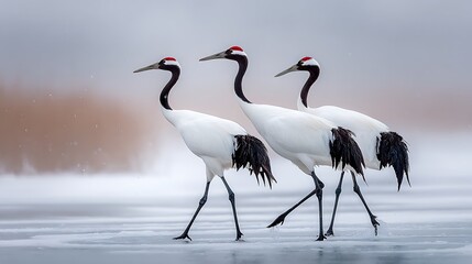 Three elegant red-crowned cranes stride across a snowy landscape