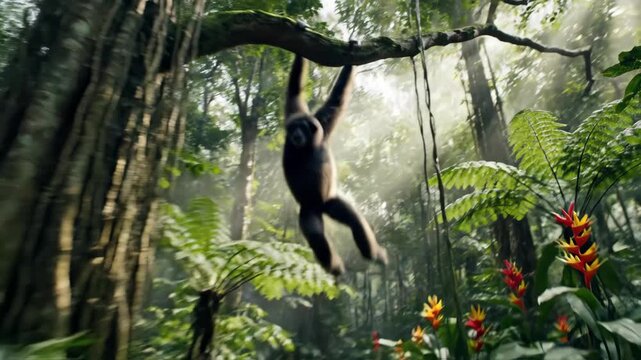 Majestic Orangutan Swings Through Lush Rainforest Canopy.