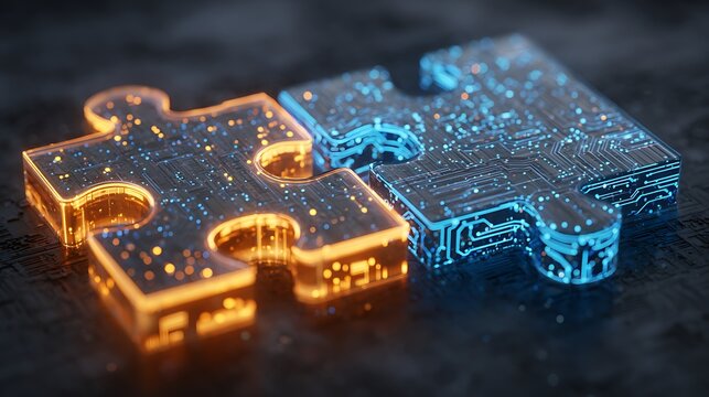 Two puzzle pieces with electronic circuit patterns glowing orange and blue, symbolizing connection