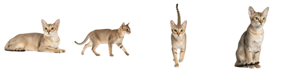 Obraz premium Set of Abyssinian Cat Elegant Short-Haired Breed Portraits, Ticked Coat Domestic Feline Collection, Active Exotic-Looking Pet Poses isolated on transparent PNG background