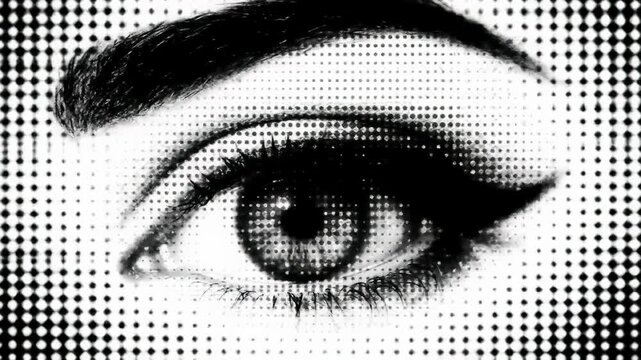Extreme close-up of a stylized human eye in black and white halftone dots, blinking slowly against an abstract animated dot field. Pop art, Lichtenstein aesthetic. Digital vision concept