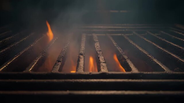 Grill with Flames Underneath Dark Background Cooking Process Closeup