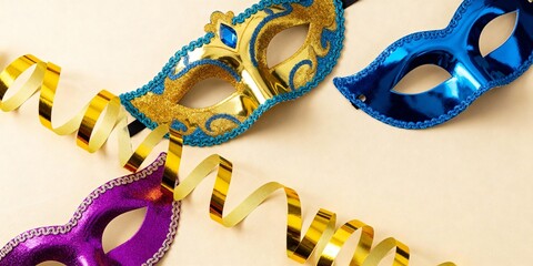Colorful carnival masks and gold streamers on beige background. Festive masquerade party decoration flat lay. Purim or Mardi Gras celebration concept with copy space